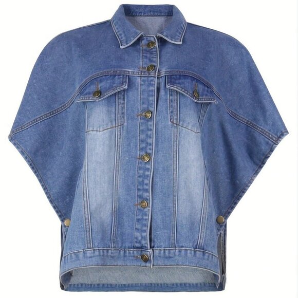 Blue Sexy Women's Pure Color Wash Button Short Sleeve Slim-Fitting Jeans Blouse - Picture 3 of 4